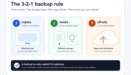 Diagram showing three copies of important data on two storage types with one copy off-site and a restore test